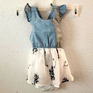Denim Pinafore Style Crepe White/Blue Floral Skirted Romper with Snaps 12-18 M